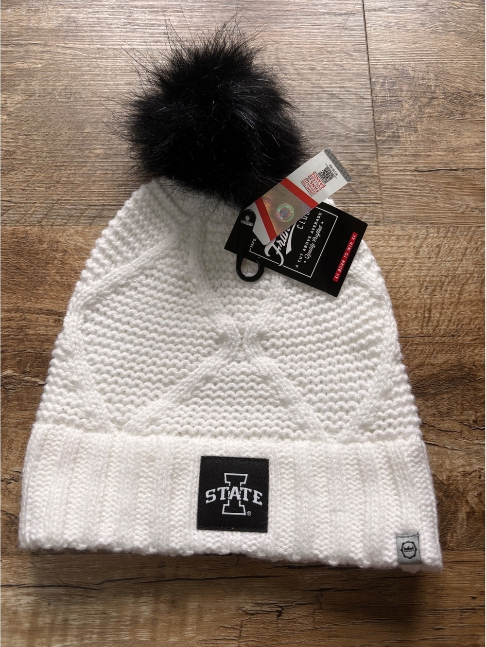 Iowa State Lux White Knit Beanie Hat with Black Pom Pom